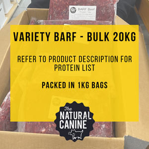 Bulk -  Variety Box - 20kg - FROZEN (with) Barf Turkey, Barf Kangaroo, Barf Venison and Barf Seasonal
