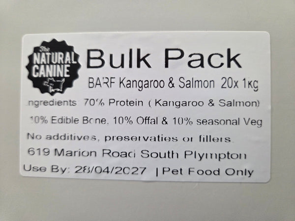 Bulk - BARF Kangaroo and Wild Caught Allantic Salmon- 20kg - FROZEN